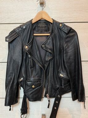 All Saints Black Leather Motorcycle Biker Jacket SZ 2